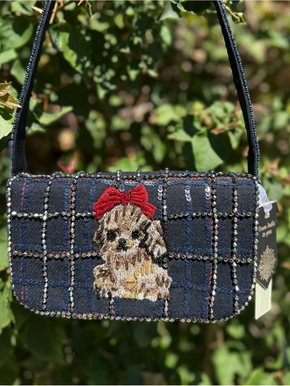 NWT Puppy Dog Red Bow Navy Plaid Striped Sequin Embellished Beaded Shoulder Bag